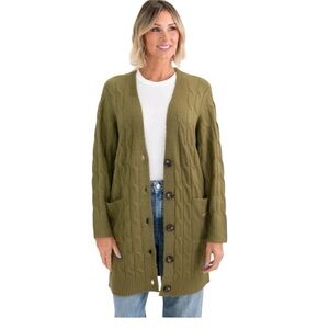 Love in Faith floral cross cable knit Olive Green Long Cardigan XL NWT